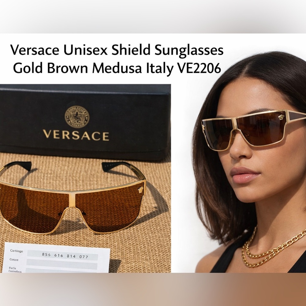 Versace Shield Sunglasses Gold Brown Medusa Italy VE 2206 - Picture 2 of 16
